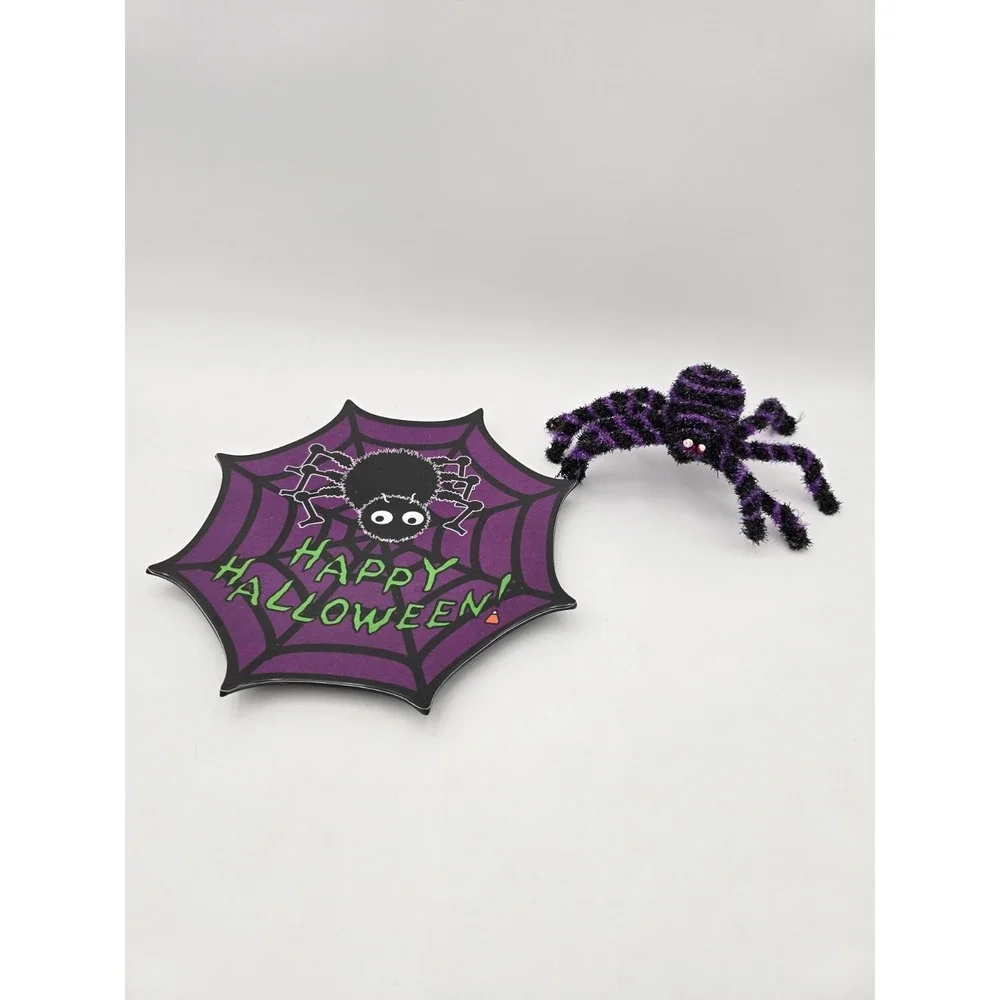 Vintage Halloween Spider Melamine Plate With‎ Bonus Purple Spider Decoration